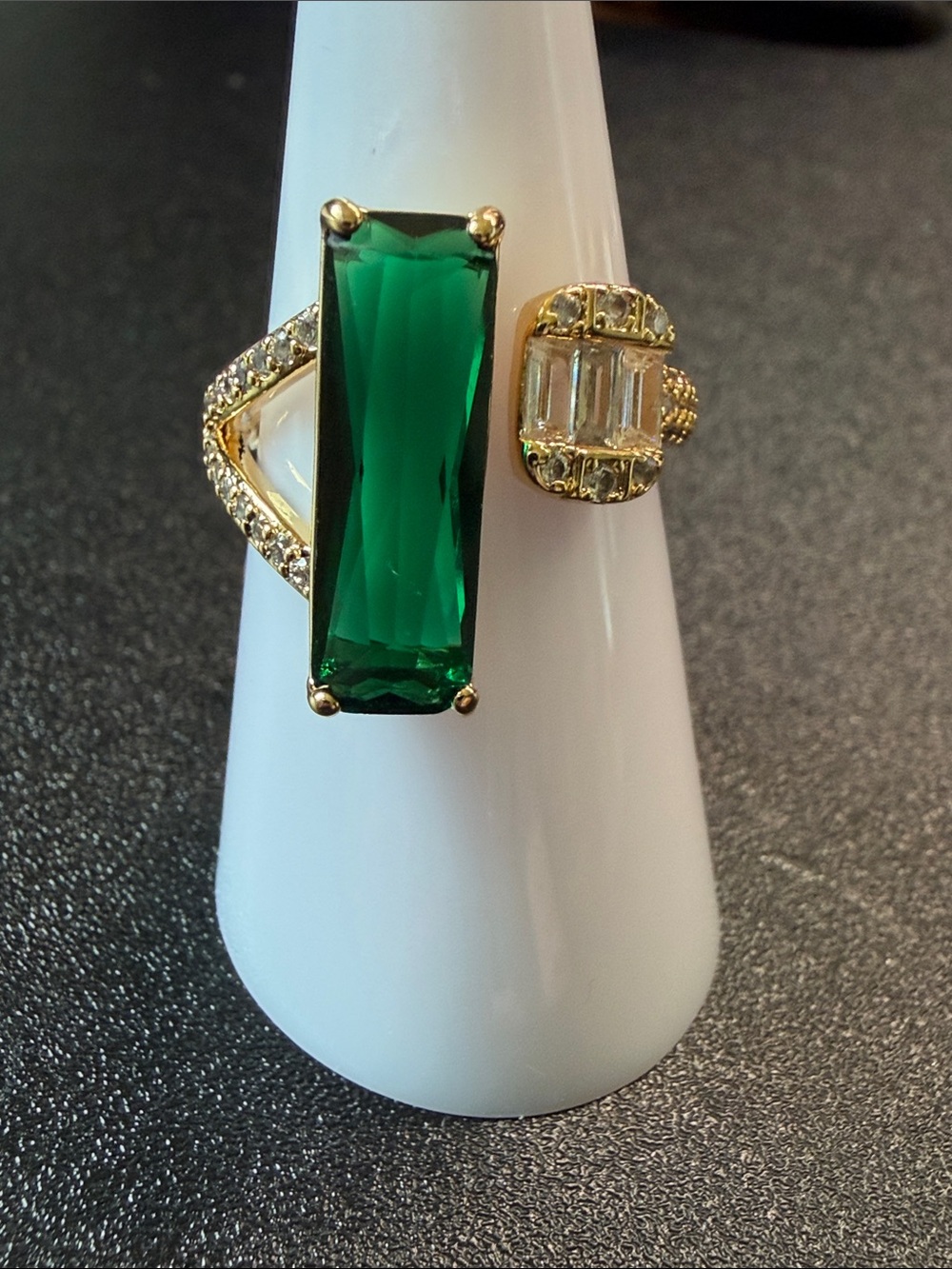 Gold-Tone Ring with Rectangular Emerald Green Stone